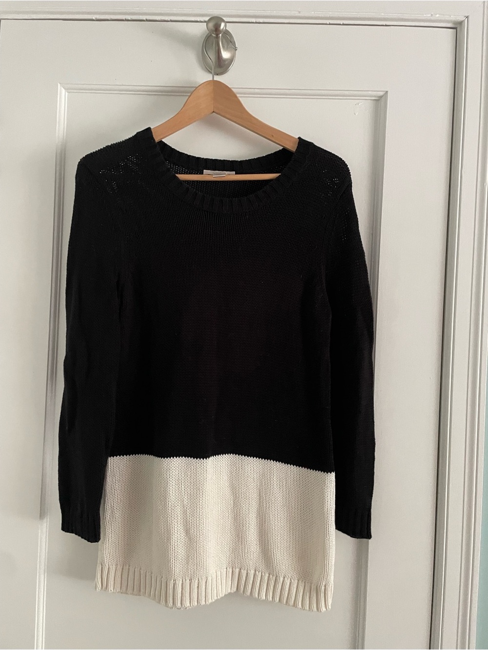 LOFT Black and Cream Colorblock Crewneck Sweater